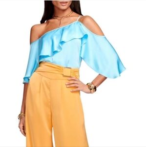 NWT $325 RAMY BROOKS Scarlett One Shoulder Ruffle Pullover Top in Sky Blue Xs